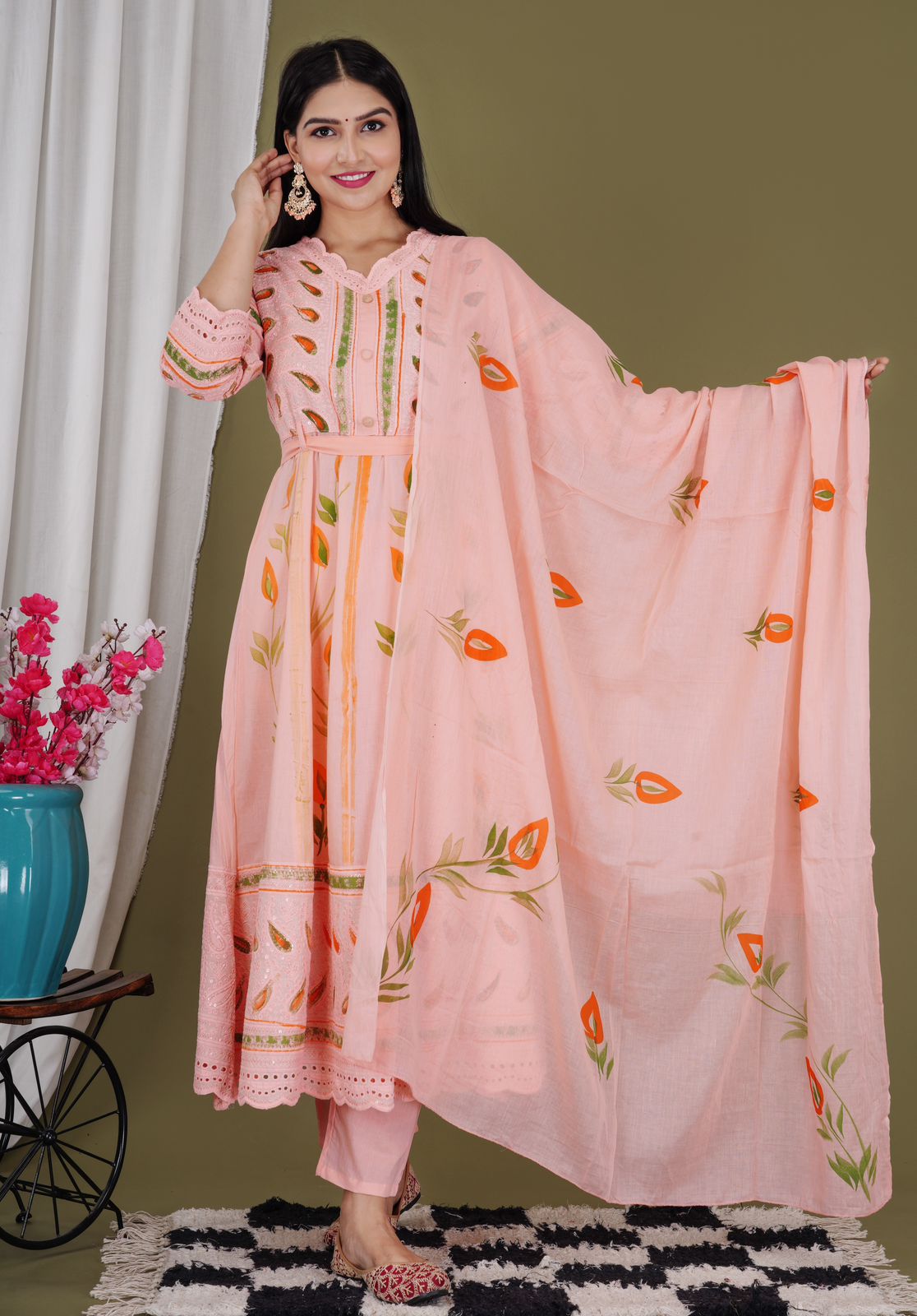 Pink Floral Print Cotton Anarkali Suit Set