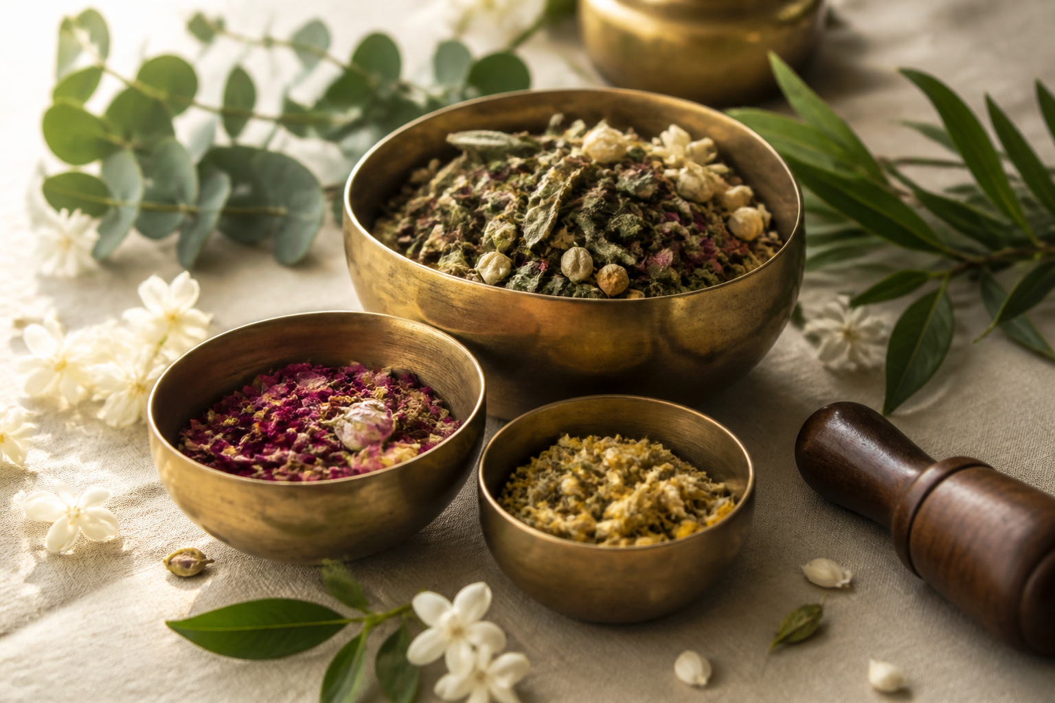 Traditional Ayurvedic herbs arranged in brass bowls